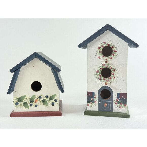 Hand Painted Wooden Birdhouses Set Floral Dk Green Roof Vintage Cottage Garden - Picture 13 of 15